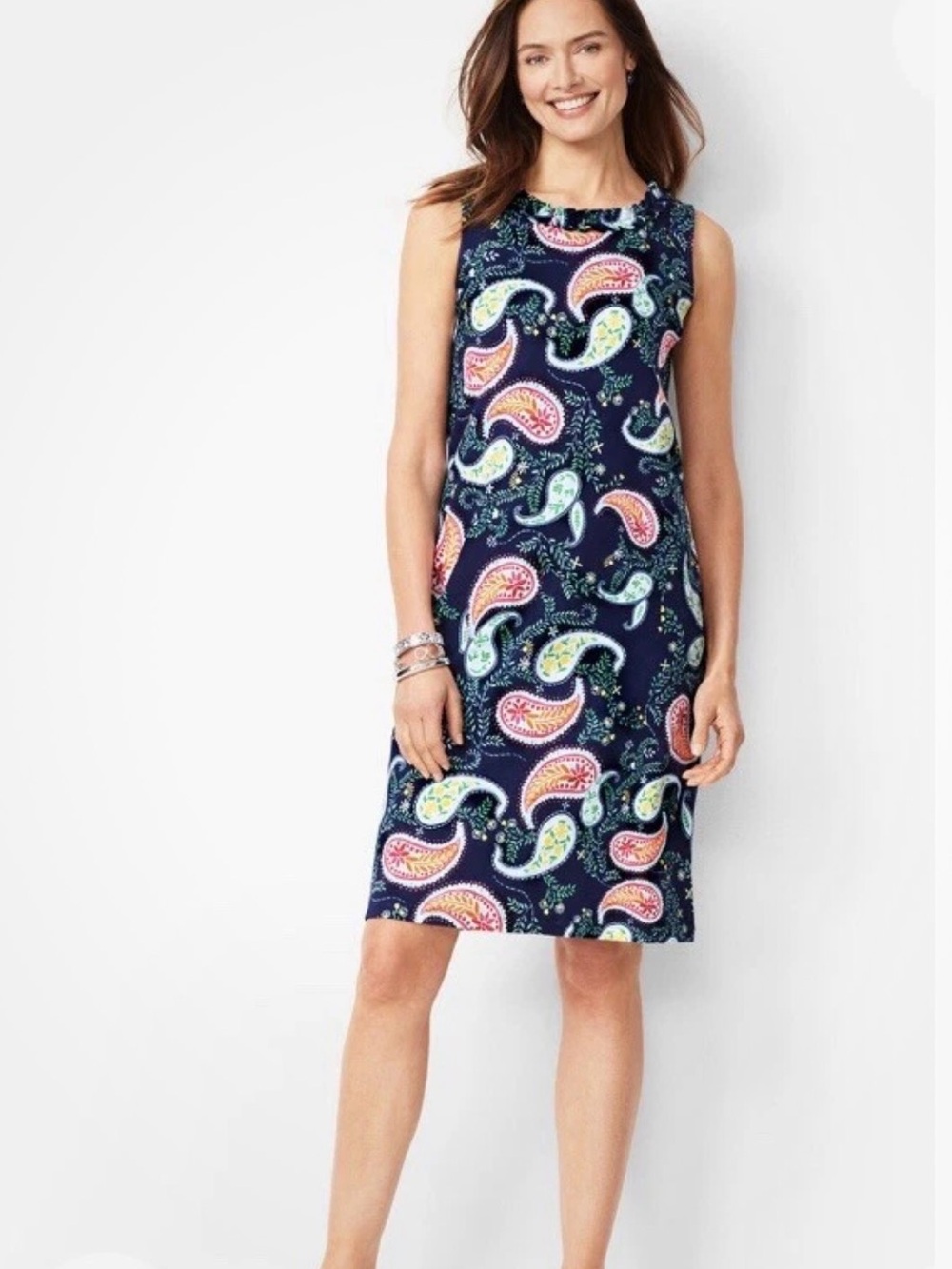 NWT Talbots Navy Blue Paisley Print Ruffle Neckline Sleeveless Shift Dress Sz M